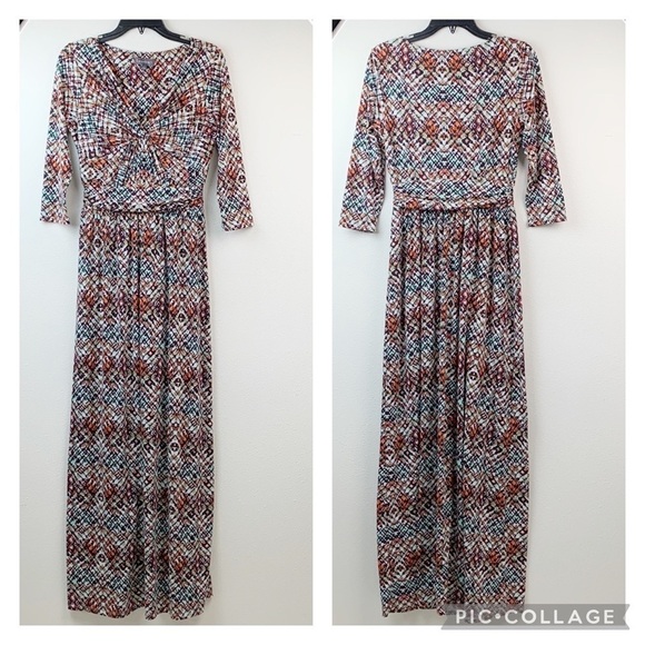 Luxology V neck cummerbund waist soft jersey knit printed maxi dress long sleeve - Picture 6 of 11